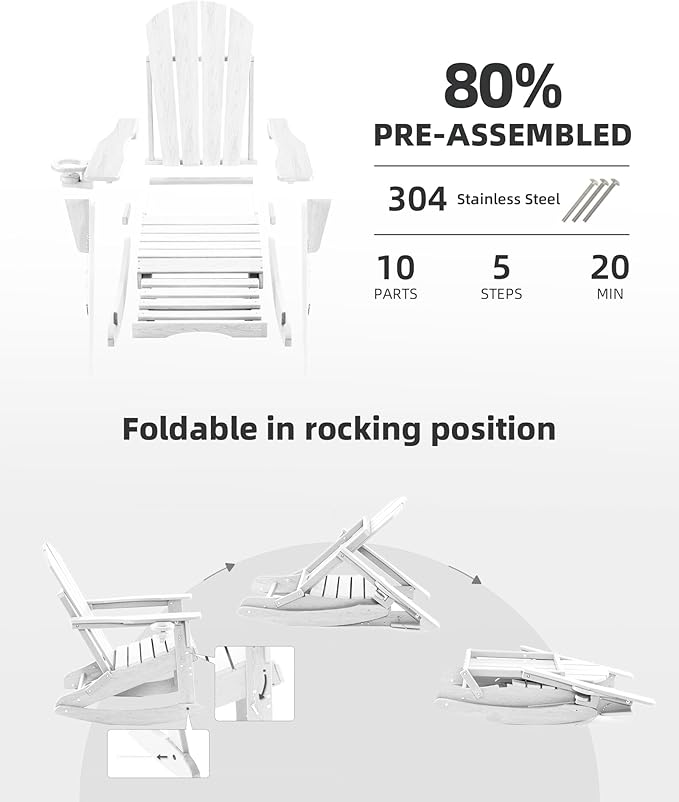 Folding Adirondack Rocking Chair,4-in-1 Multifunctional Patio Chair with Retractable Ottoman, Outdoor Chair Wood Texture, Lawn Chair for Porch, Backyard, Pool(White)