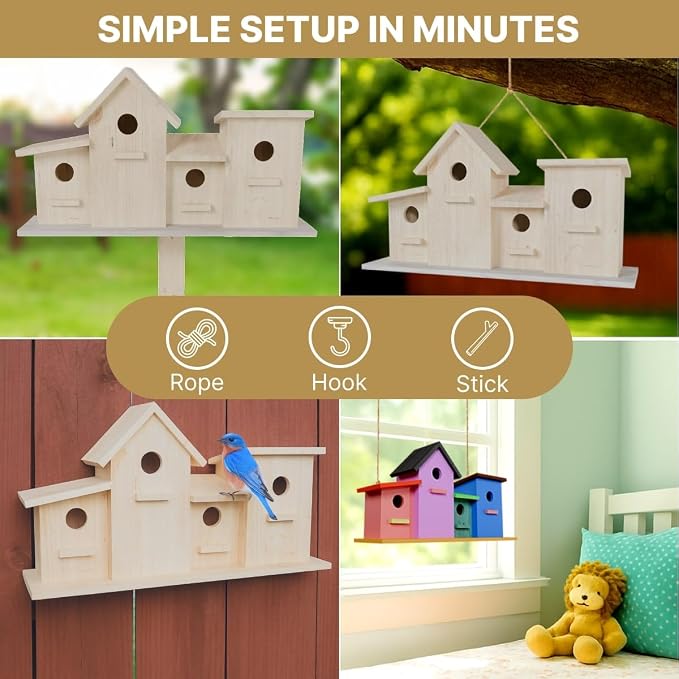 23 Bees 4 Hole Bird House for Outdoors/Indoors, Hanging Kit for Kids & Adults, Decorative Feeder for Bluebirds, Wrens & Chickadees, All-Weather Home Decoration (Wood, 4 Houses)