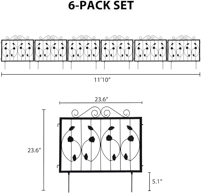 6 Pack Decorative Garden Fence, Rustproof Metal Wire Tall Fencing Border, Indoor or Outdoor No Dig Animal Barrier Fence for Dog, Flower Bed, Patio, Yard