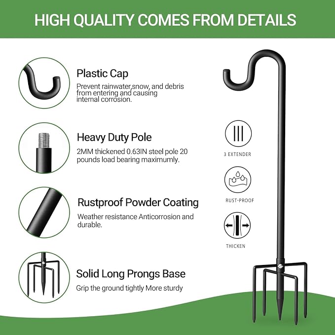 Shepherd Hook for Outdoor, Heavy Duty Bird Feeder Pole with 5 Prong Base, Adjustable Height Bird Feeder Stand Ideal for Hanging Bird Feeders, Plant, and Garden Decorations