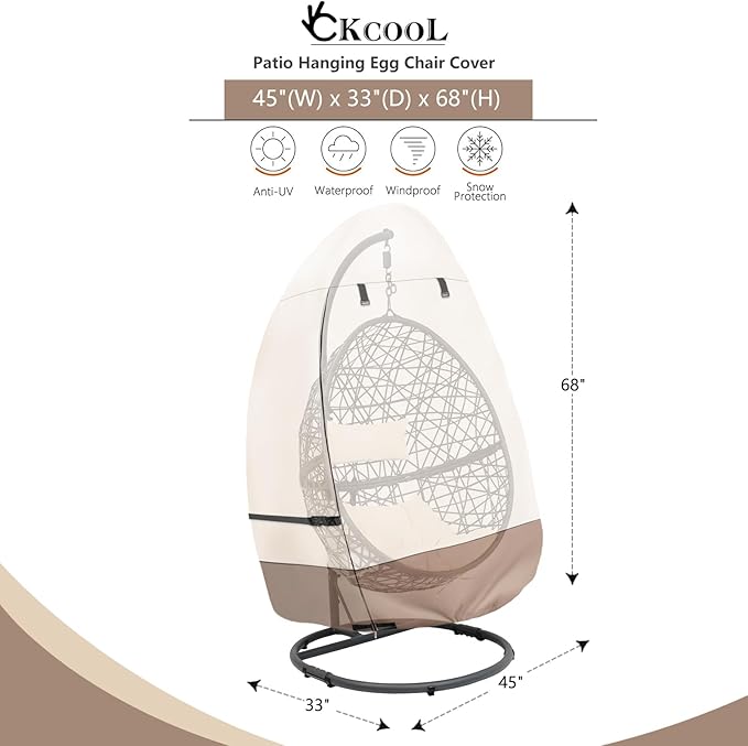 okcool Patio Hanging Egg Chair Cover, Waterproof Heavy Duty Outdoor Single Seat Swing Egg Chair with Stand Cover(Beige & Brown, Fits 45″W x 33″D x 68″H Egg Chair)