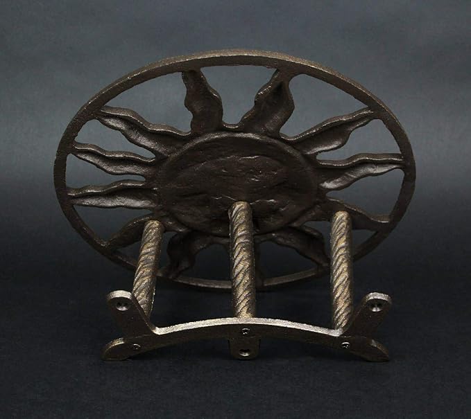 Bronze Finish Cast Iron Sun Face Garden Hose Holder - 12 Inches in Diameter - Decorative Wall-Mounted Outdoor Hanger for Organized and Stylish Outdoor Spaces