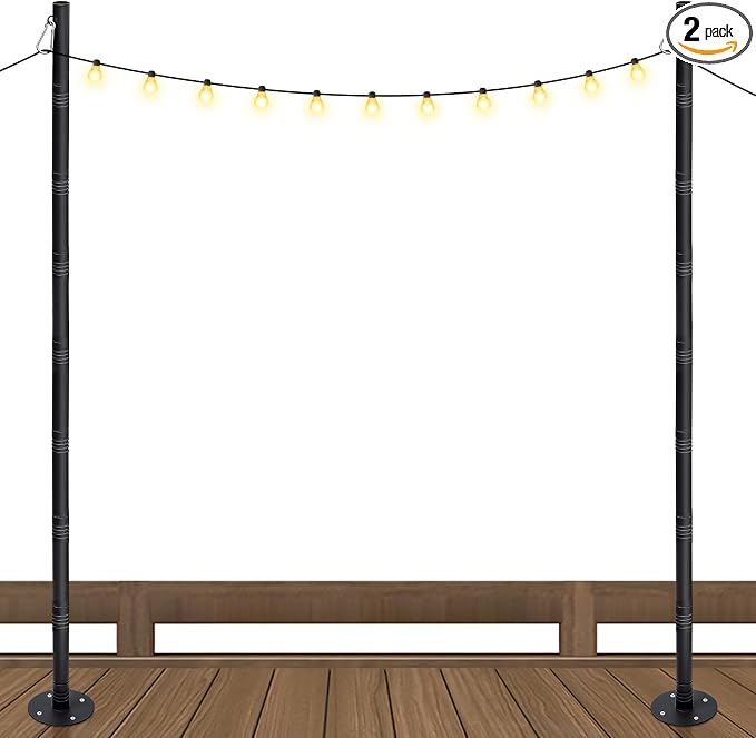 2 Pack 10 Ft String Light Poles for Outdoor String Lights, Heavy Duty Metal Outdoor Light Poles for Deck, Backyard, Garden, Patio, Wedding, Party
