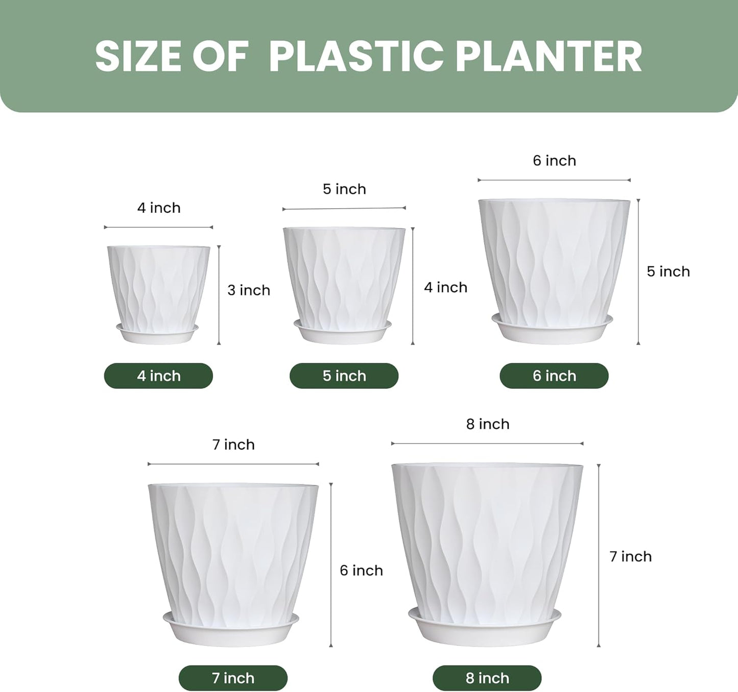 Plastic Plant Pots with Drainage Holes and Saucers, 8/7/6/5/4 Inches Garden Plant Flower Pots for Indoor Planter, 5 Pack Nursery Planting Pot for Indoor & Outdoor House Plants (White, 8/7/6/5/4)