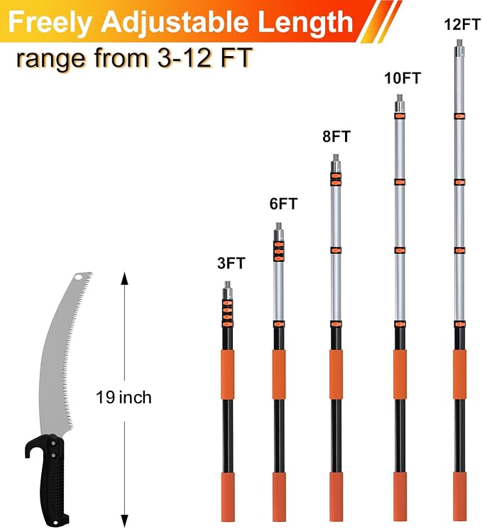 LAANPOLE 20FT Pole Saw, Telescoping Tree Trimmer with 3-12FT Extension Pole, Manual Branches Pruner for Backyard, Orange