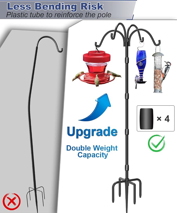 Upgrade 4-Hook Shepherds Hooks for Outdoor with Plastic Tube, 76" Heavy Duty Bird Feeder Pole with 5 Prongs Base, Adjustable Garden Hook for Solar Light, Hanging Plant, Wedding Decor, 1 Pack