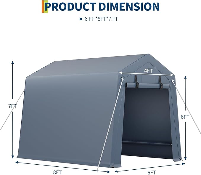 IDEALHOUSE 6x8 FT Outdoor Storage Shelter Shed Carport with Roll-Up Ventilated Zipper Door and Windows, Waterproof Portable Garage, Heavy Duty Tent Shed for Motorcycle Bike Firewood Tools