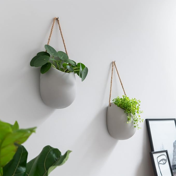 Kazai. Wall Planters -Ellie- | Hanging Ceramic Plant Pots 2 Pieces | Wall Decoration for Indoors, Balcony and Garden | Light Grey (Matte)