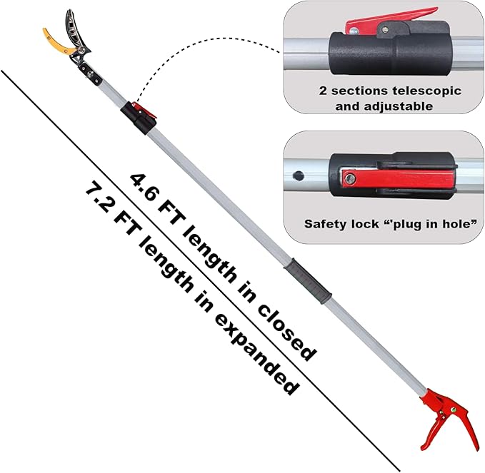 4.6-7.2 FT Telescopic Fruit Picker with Extendable Handle, Cut & Hold Pruners, Long Reach Pole Saw Shears, Telescoping Tree Trimmer for Thin Branches & Bypass Loppers