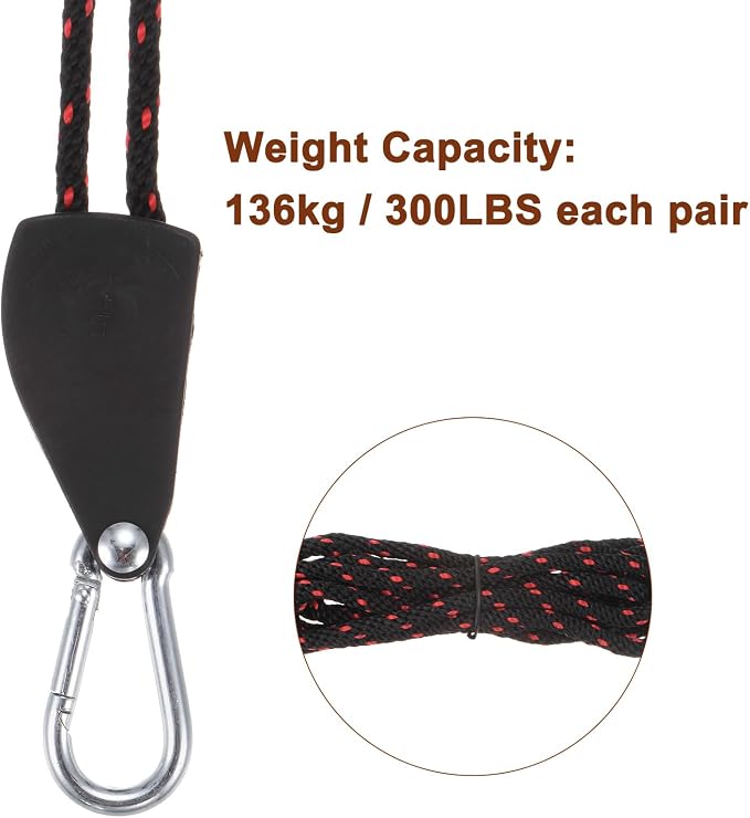 uxcell 2pcs 1/4" (6mm) Adjustable Rope Hanger with Metal Gears 7.9ft (2.4meter) Strap, Ratcheting Pulley System Bungee Cord for Hanging Plants Grow Light and Various Tie-Down Uses