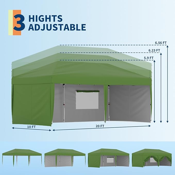 CABIHOME 10x20 Pop Up Canopy Tent with 4 Sidewalls, Heavy Duty Waterproof UPF 50+ Outdoor Shelter, Includes Roller Bag, Stakes & Sandbags