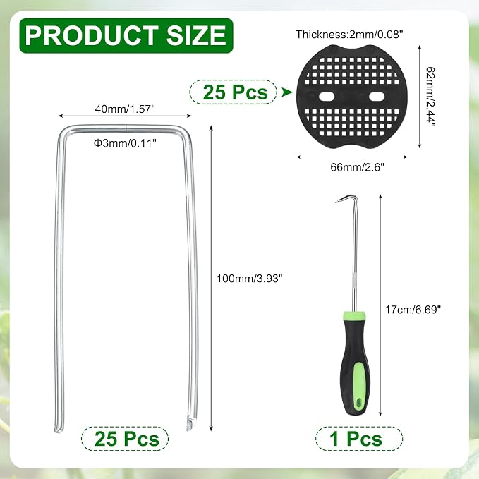 uxcell 25Pcs Garden Stakes, 4 Inch 11 Gauge Galvanized Landscape Staples U-Type Turf Stake Sod Pin Plant Stakes with Gasket&Hook for Landscaping Securing Weed Barrier Fabric, Silver