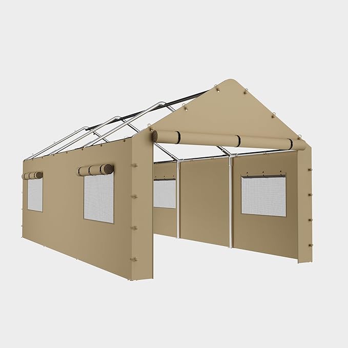 10 * 20 FT Carport Sidewall kit Panel Set of 4 with Mesh Windows and Double Head Zippers, 180G PE Waterproof & UV Protected Replacement Sidewall Cover, Beige