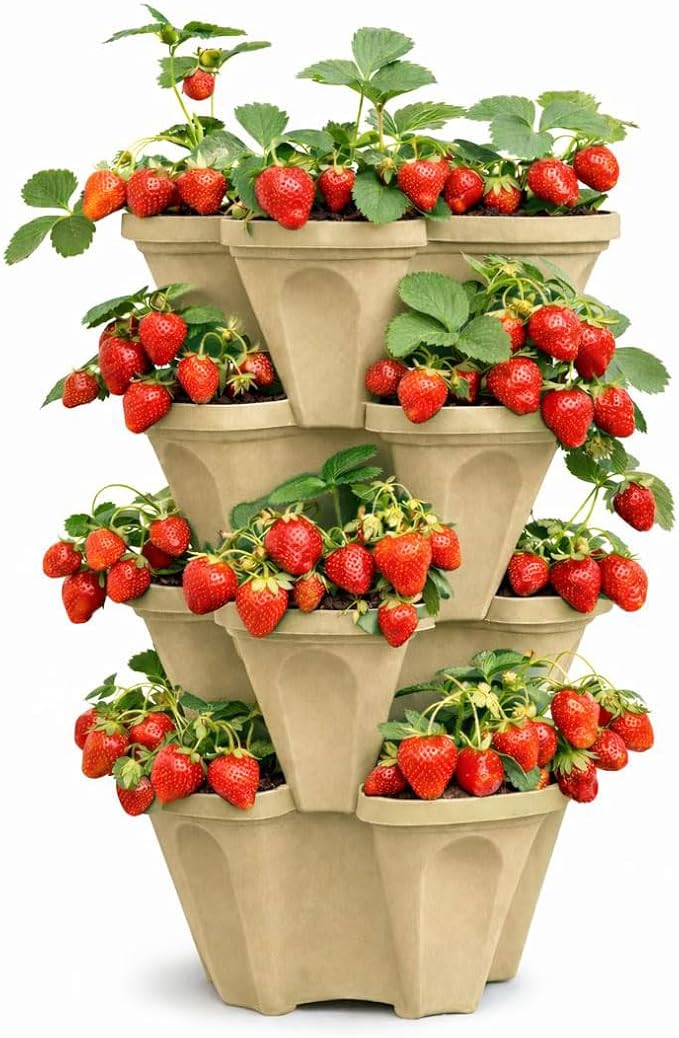 Stackable Vertical Planter Tower, 4 Tier Strawberry Planter,16 Plant Sites, Space Saving Garden Planter for Vegetables & Herbs, Indoor Outdoor, Made in USA (Desert Sand)