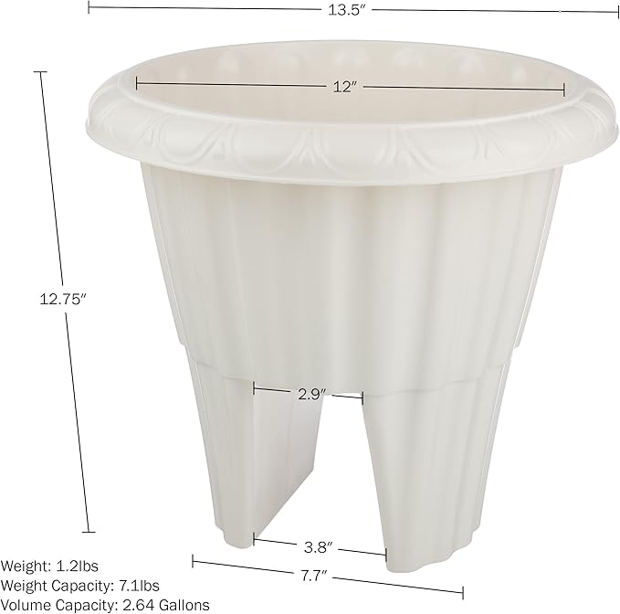 Railing Planter Box 2-Pack - 13.5-Inch Round Outdoor Flower Pots with Drainage Inserts - 2.64-Gallon Outdoor Planters for Porch, Deck, Fence, or Balcony Railings 3” - 3.75” Wide by Pure Garden (White)