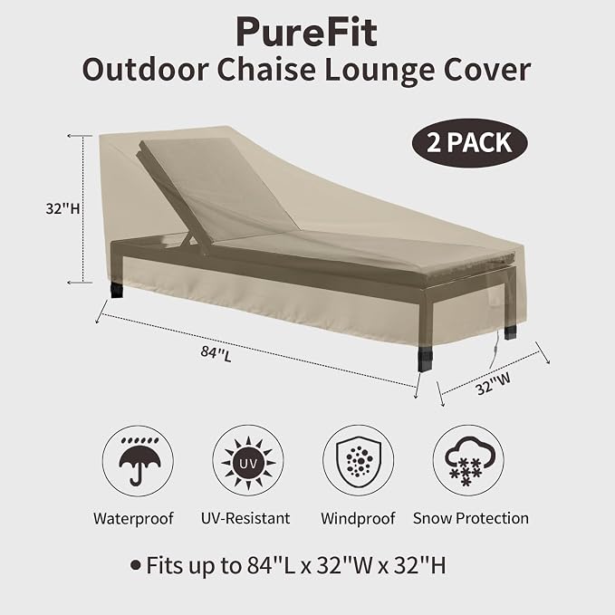 PureFit Outdoor Chaise Lounge Cover, Lounge Chair Covers Waterproof Patio Furniture Lounge Chair Cover, UV Resistant & Weatherproof, 2 Pack, 84" L x 32" W x 32" H Inches, Camel
