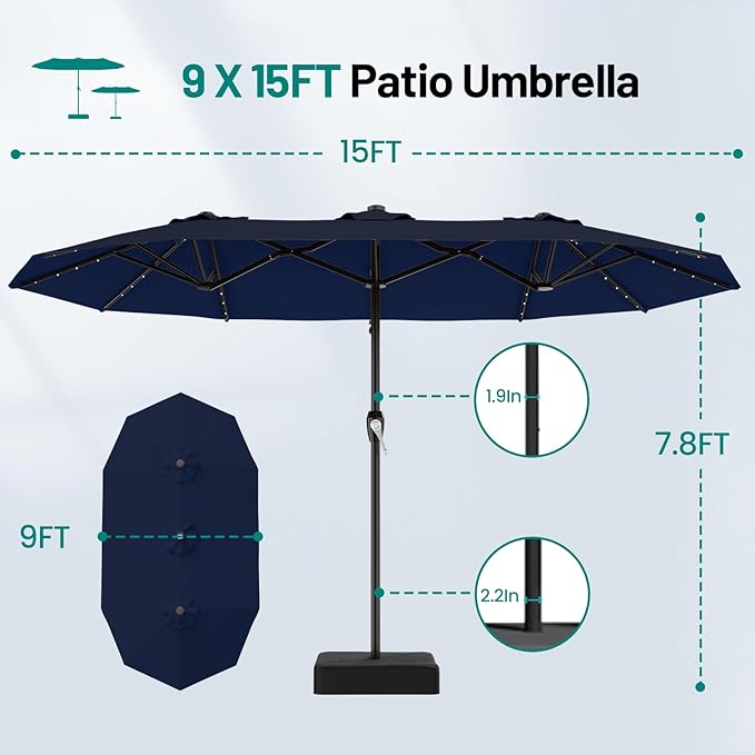 AreShark 15FT Patio Umbrella with Solar Lights, Double Sided Outdoor Table Umbrellas with Crank, Large Rectangular Market Umbrella for Porch, Lawn, Pool, Backyard, Navy