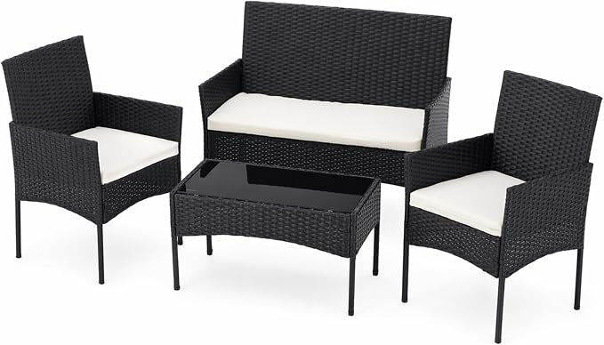 Sweetcrispy 4-Piece Patio Furniture Set, Weather-Resistant PE Rattan Wicker Outdoor Conversation Set with Tempered Glass Tabletop, Durable Outdoor Seating for Garden, Backyard, Porch, Deck, Black