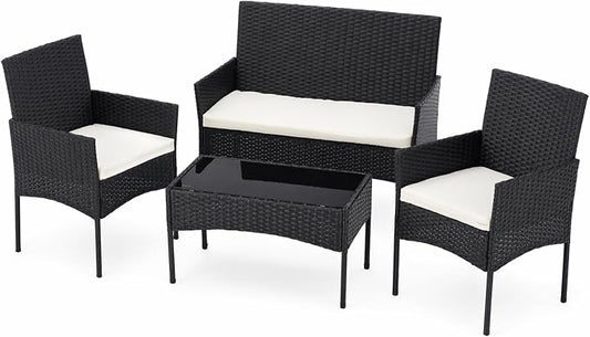 Sweetcrispy 4-Piece Patio Furniture Set, Weather-Resistant PE Rattan Wicker Outdoor Conversation Set with Tempered Glass Tabletop, Durable Outdoor Seating for Garden, Backyard, Porch, Deck, Black