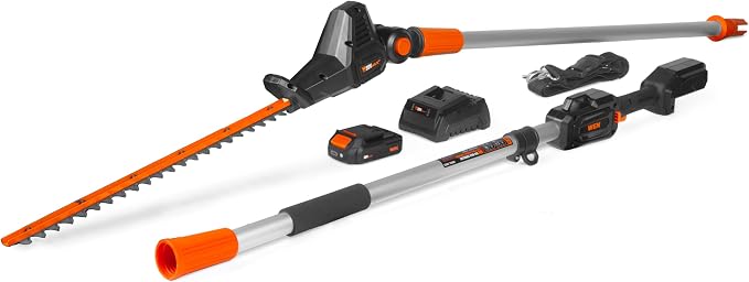 WEN 20V Max Cordless 20-Inch Hedge Trimmer Pole Saw with 14.6-Foot Reach, 2Ah Battery and Charger (20825)