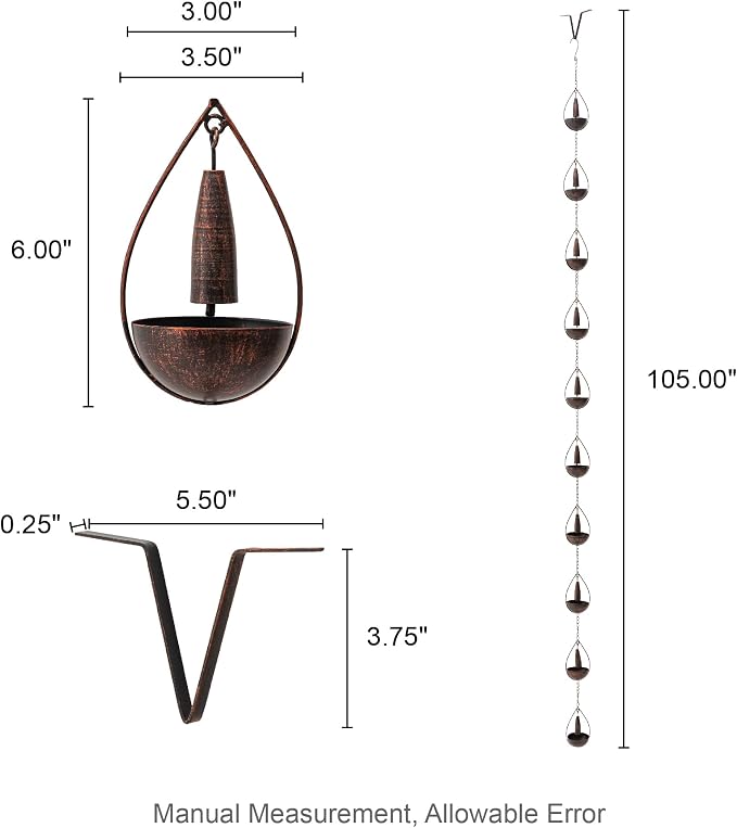 Glitzhome 8.5 FT Rain Chains, Faux Copper Bowl and Bell Rain Chains for Gutters with 10 Cups, Adjustable Rain Catcher Chain with V-Shaped Gutter