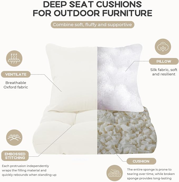 22x22 Waterproof Outdoor Chair Cushions Set of 2, Patio Cushions for Outdoor Furniture Water-Resistant & Fade-Resistant, Deep Seat & Back Cushion for Wicker Sofa (Cream)
