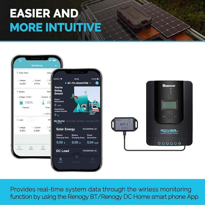 Renogy BT-1 Bluetooth Module for Solar Controllers - Wireless Monitor via DC Home App, 82ft Range, IP54 Waterproof, RJ12/RS232 Port, Compatible with Rover/Wanderer/Adventurer