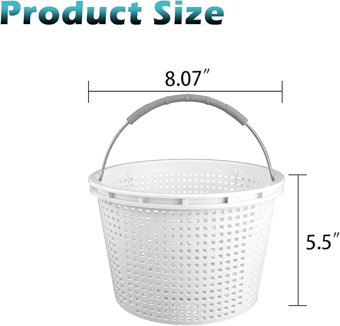 8" Pool Skimmer Basket for Inground Pool Compatible with Pentair U-3 Skimmer Basket 08650-0007 and Hayward SP1070 SPX1070E Pool Basket ，Stainless Steel Handle，Rubber Grip & Built in weighting，White