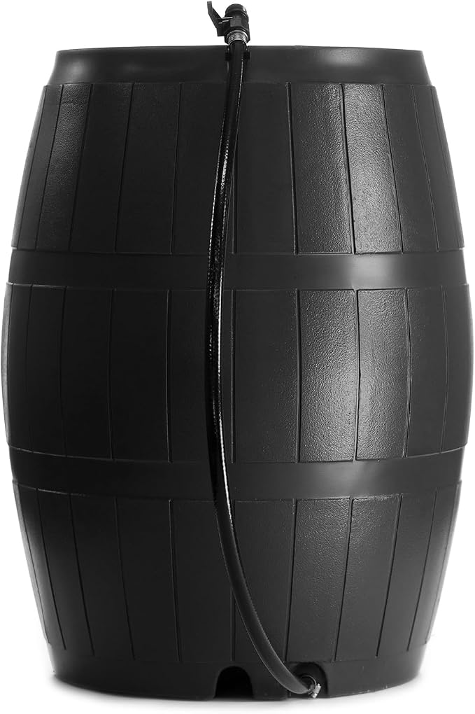 FCMP Outdoor Rain Barrel, Flat-Back Rainwater Catcher with Spigots, 50 Gallon, Black - Portable Water Storage Container Tank for Home, Garden, and Backyard