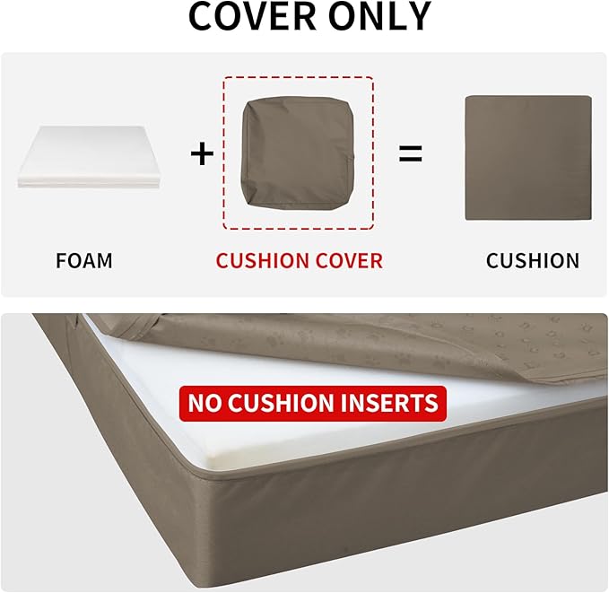 Easy-Going Waterproof Patio Cushion Covers ONLY Cover 22x22x4 inch 2 Pack Replacement Non-Slip Outdoor Seat Cushion Slipcover with Zipper. Taupe