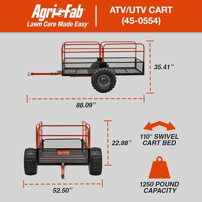 Agri-Fab 45-0554 1250lb Capacity Steel Swiveling / Dump Cart / Utility ATV/UTV Cart, 18 inch x 9.5 inch All Terrain Pneumatic Tires