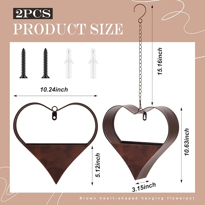 2 Pack Metal Plant Hangers Indoor and Outdoor Rustic Heart Shape Hanging Planters Holder Detachable Flower Pot with Hooks Chains Drain Hole Birthday Gifts for Women Mom Garden Lovers Home Decor