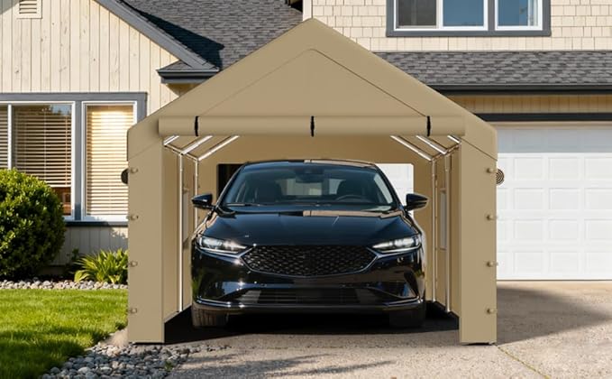 10x20 Carport Replacement Sidewall, Front Panel Canopy Entrance Panel with Zippers and Elastic Ball Bungees, 180G PE Waterproof & UV Protected Replacement Sidewall Cover, Beige