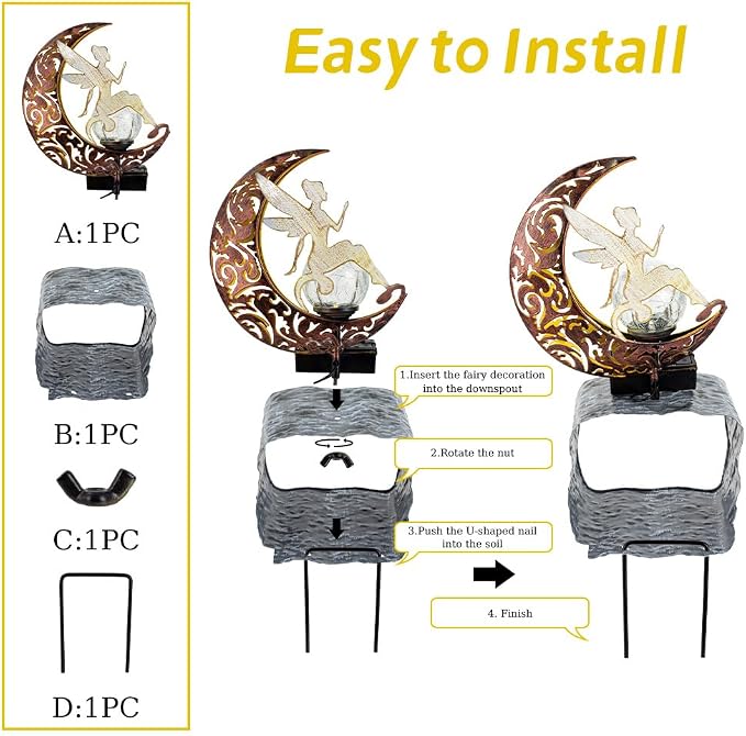 Metal Fairy Gutter Downspout Extensions with Solar Powered Glass Cracking Ball, Outdoor Waterproof Splash Block Sculpture Solar Garden Decor for Yard, Lawn
