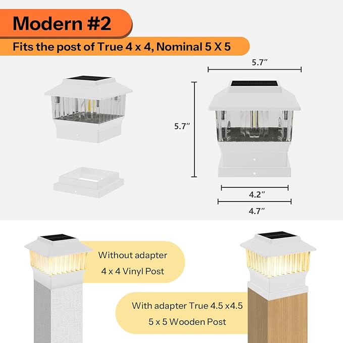 Single Solar Post Cap Light - Modern #2: Fits True 4x4 Vinyl & 5x5 Wood Posts, 3 Color Temp, 50 Lumen, Waterproof Outdoor Lights for Deck Fence, Elegant White