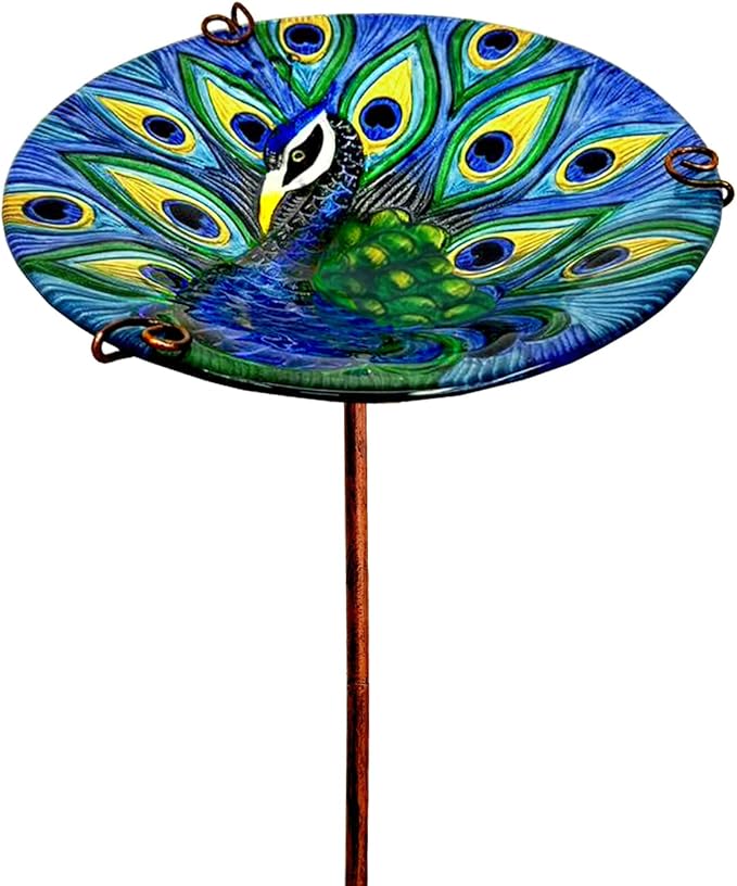 Peacock Bird Bath for Outside Glass Birdbath Bowl & Birdfeeder with Metal Stake for Garden, Yards Lawn Patio, Bird Lovers Gift 10.5" D