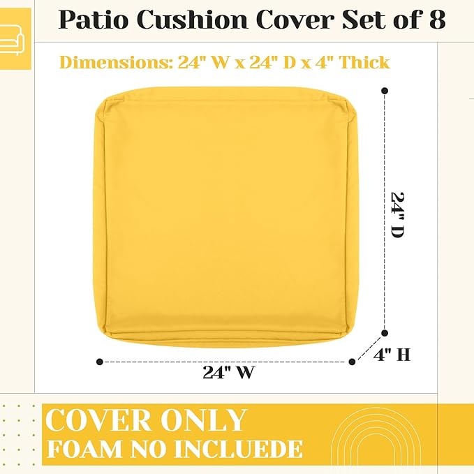 Mindsoft 8 Pcs 24"x24" Patio Cushion Covers Outdoor Cushion Covers Replacement High UV Resistant Anti Slip Waterproof Patio Chair Seat Slipcovers for Outdoor Furniture(Yellow)