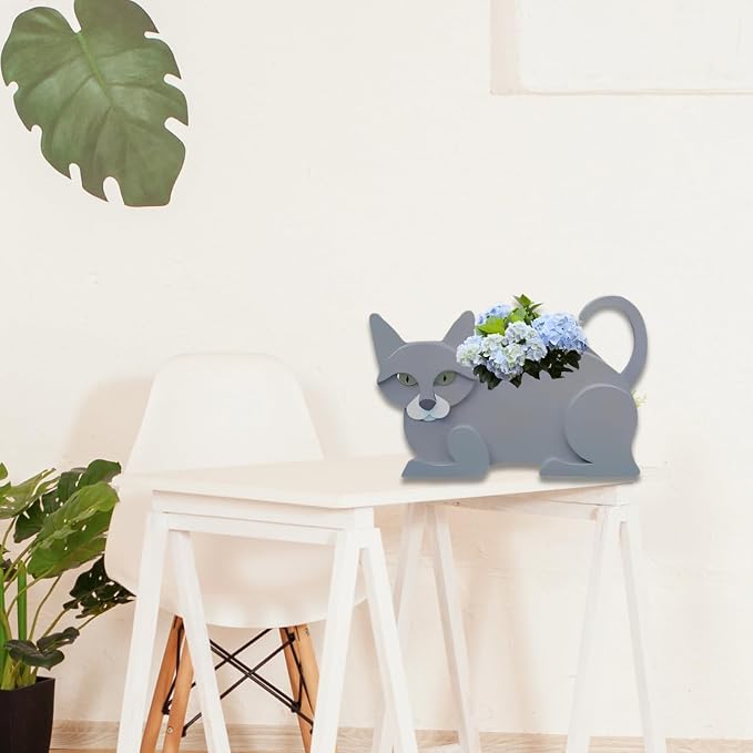British Short Cat Planter, Cute Animal Shaped Plant Pot, Cat Flower Pot, Gifts for Women & Pet Lovers, Indoor Outdoor Garden Home Office Decor, 12.5 x 5.12 x 7.8Inches