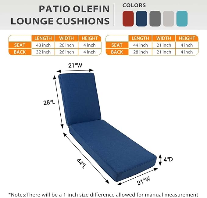 Sundale Outdoor Olefin Chaise Lounge Cushion, Water-Resistant Patio Lounge Chair Cushion, Thick Lounger Pad with 4 Straps Dark Blue, 72 x 21 x 4 Inches