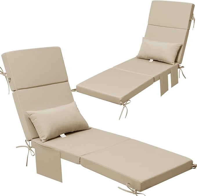 Sunbrella Foldable Outdoor Chaise Lounge Cushions with Head Pillow and Side Pockets,Water Repellent & Fade Resistant Lounge Chair Cushion, 72''L x 21''W, Set of 2, Canvas Antique Beige