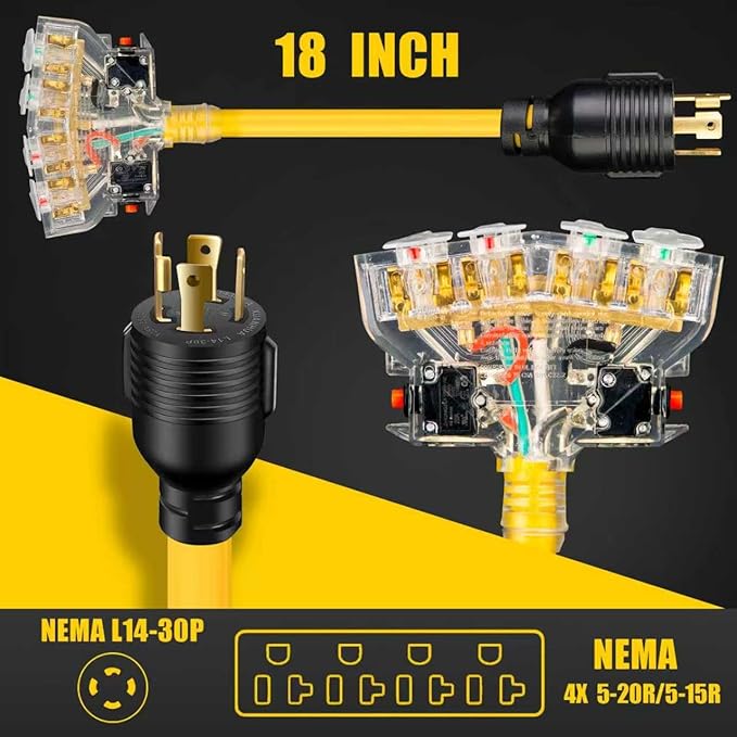 30 Amp to 110 Outdoor Generator Adapter Power Cord with Circuit Breaker, 4 Prong Locking 30 Amp to 15 Amp Generator Adapter, NEMA L14-30P Male to 4X 5-20R T-Blade Female,ETL Listed