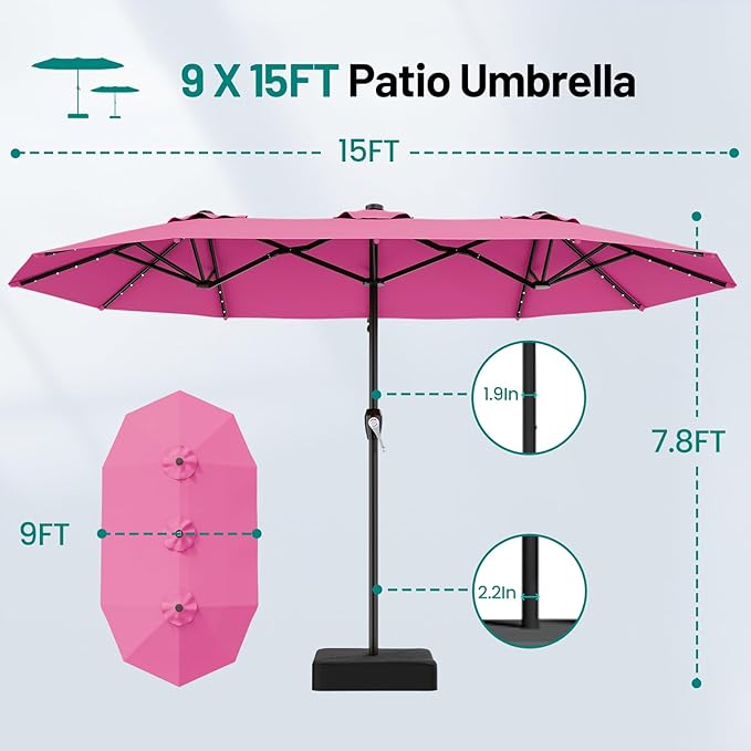 AreShark 15FT Patio Umbrella with Solar Lights, Double Sided Outdoor Table Umbrellas with Crank, Large Rectangular Market Umbrella for Porch, Lawn, Pool, Backyard, Rose Pink