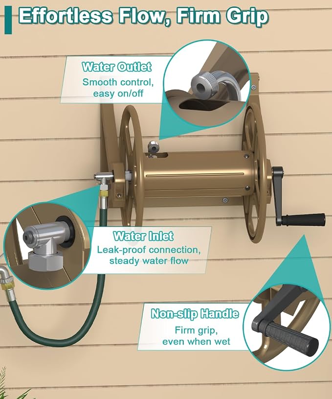 Artigarden Garden Hose Reel Wall Mounted, Outdoor Heavy Duty Powder Coated Metal Water Hoses Holder Winder Holds 125 ft 5/8" Hoses with 3.9ft Leader Hose, Stainless Steel Connector for Outside, Brown
