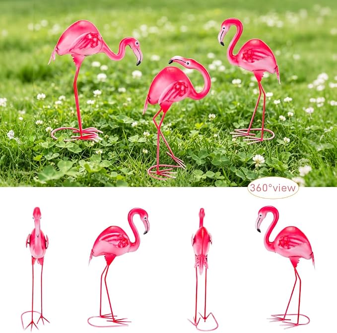 3Pcs Pink Flamingo Yard Decor 15" Metal Yard Art Outdoor Sculptures | Garden Statue Set of 3 Flamingo Birds Lawn Ornarment Tropical Décor for Outside Home Patio Porch Backyard Decorations