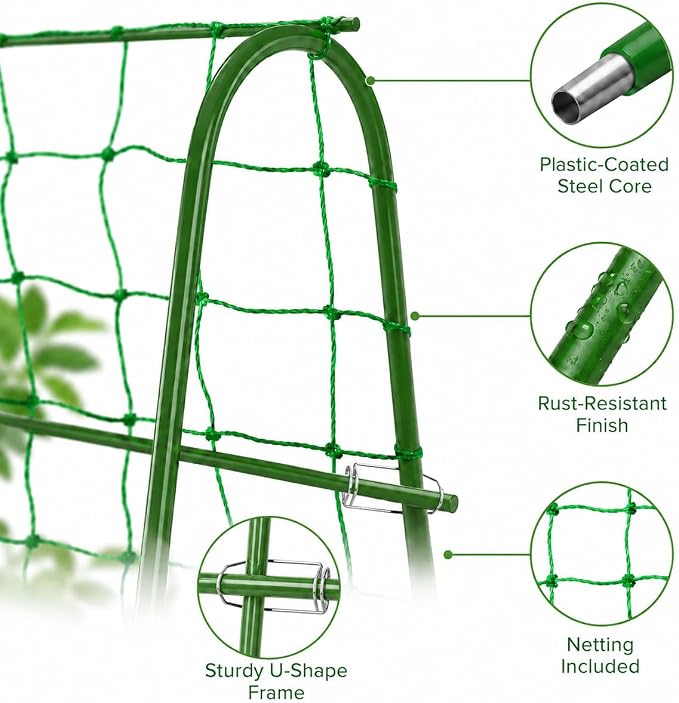 FOLLOOK Cucumber Trellis for Raised Garden Bed, Rustproof Metal Garden Arch Trellis for Climbing Plants Support Outdoor Fruit Grape Vine Vegetable Tomato Bean Pea Trellis, 63x48inch, Green