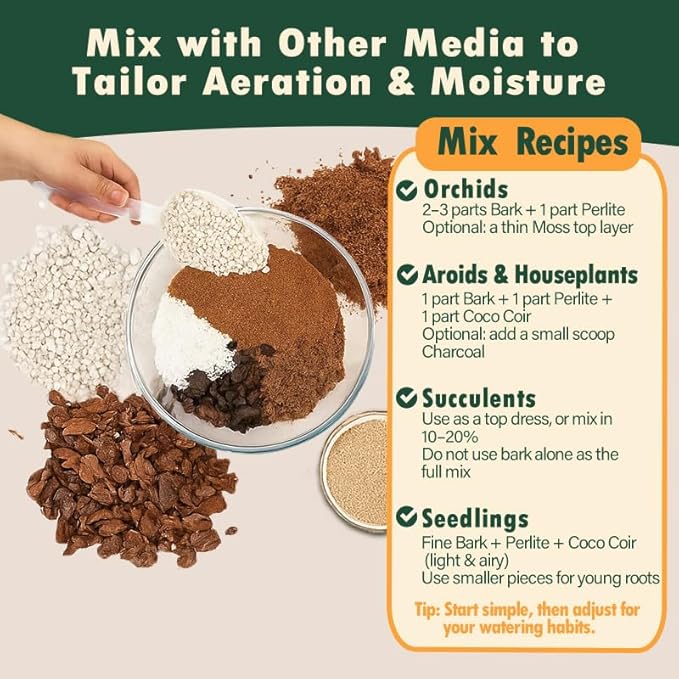 Orchid Potting Bark, Natural Pine Bark Chips 8–18mm, Low Fines Screened, Fast Drainage & Root Aeration, 2 Quarts, Growing Media for Plants
