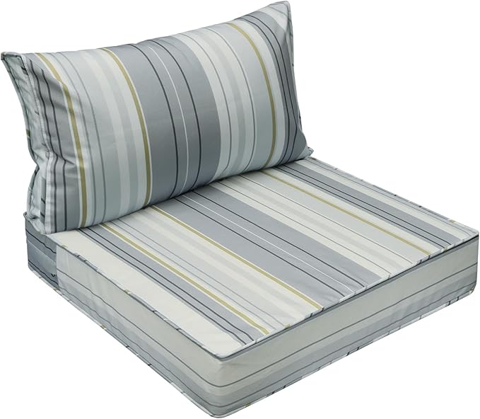 AAAAAcessories Outdoor Seat Cushions for Chairs, Fade-Resistant, Waterproof Patio Furniture Replacement Cushions, 23" x 23" x 5" + 23" x 13.5", Ash Blue Harbor Stripe