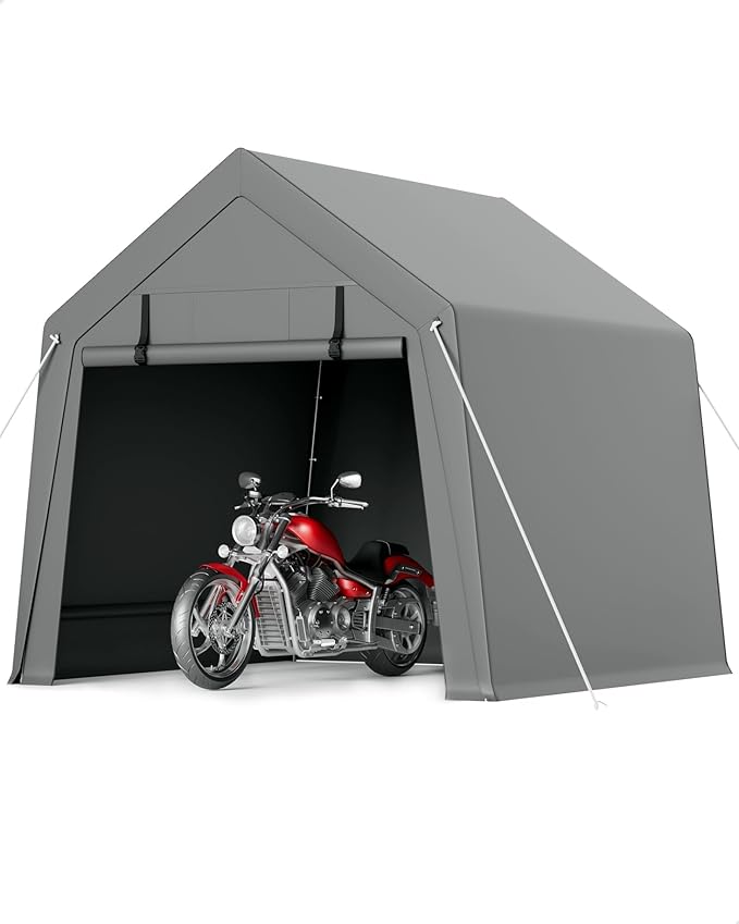 6'x6' Portable Storage Shed for Motorcycle, Waterproof & UV-Resistant Outdoor Carport Shelter with 2 Roll-Up Zipper Doors, Heavy Duty Storage Tent for Bike, Lawn Mower, Garden Equipment