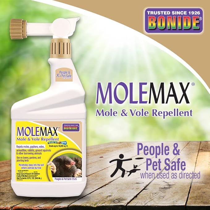 Bonide MOLEMAX Mole & Vole Repellent, 32 oz Ready-to-Spray Animal Repellent for Gardens, People and Pet Safe (Pack of 2)