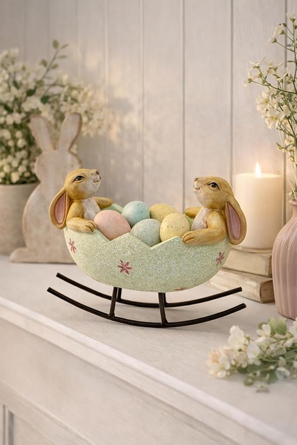 GoGnome Easter Bunny Bowl Figurine with Rocking Stand – 5.7‘’ Hand-Painted Resin Rabbit Egg Holder Spring Table Centerpiece Farmhouse Home Décor (Mint Green)
